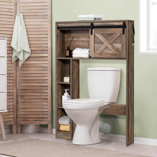 4-Tier Over The Toilet Storage Cabinet with Sliding Barn Door and Storage Shelves-Brown - Color: Brown - Image 2