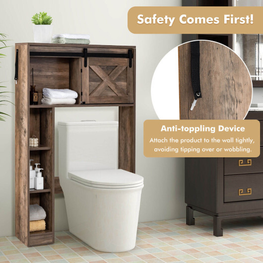 4-Tier Over The Toilet Storage Cabinet with Sliding Barn Door and Storage Shelves-Brown - Color: Brown - Image 3