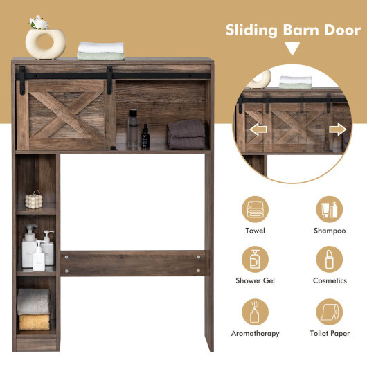 4-Tier Over The Toilet Storage Cabinet with Sliding Barn Door and Storage Shelves-Brown - Color: Brown - Image 5
