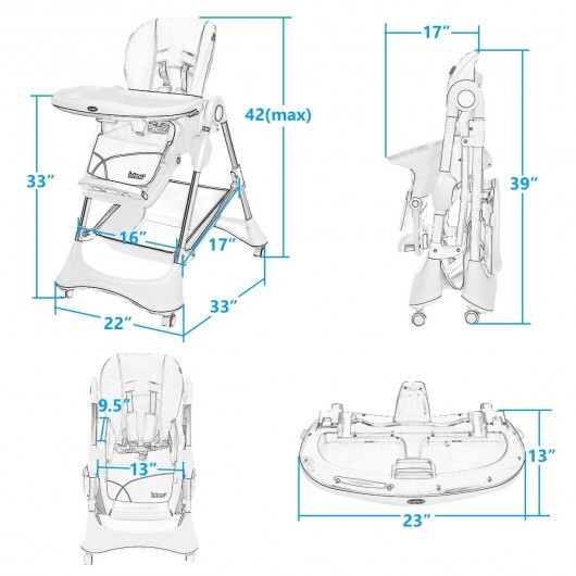 A-Shaped High Chair with 4 Lockable Wheels-Gray - Color: Gray - Image 2