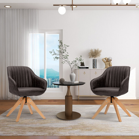 Modern Leathaire Set of 2 Swivel Accent Chair with Beech Wood Legs-Brown - Color: Brown - Image 2