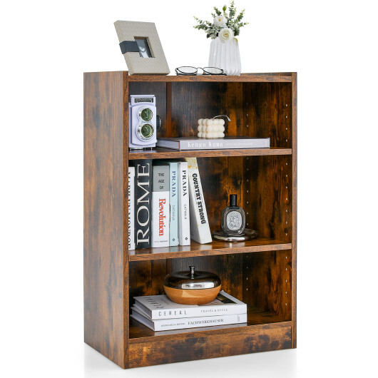 3-Tier Bookcase Open Display Rack Cabinet with Adjustable Shelves-Rustic Brown - Color: Rustic Brown
