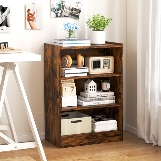 3-Tier Bookcase Open Display Rack Cabinet with Adjustable Shelves-Rustic Brown - Color: Rustic Brown - Image 2