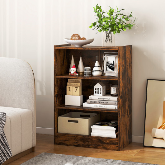 3-Tier Bookcase Open Display Rack Cabinet with Adjustable Shelves-Rustic Brown - Color: Rustic Brown - Image 3