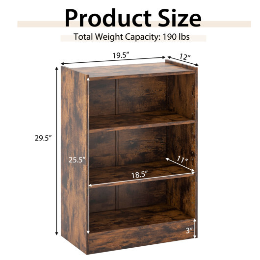 3-Tier Bookcase Open Display Rack Cabinet with Adjustable Shelves-Rustic Brown - Color: Rustic Brown - Image 5