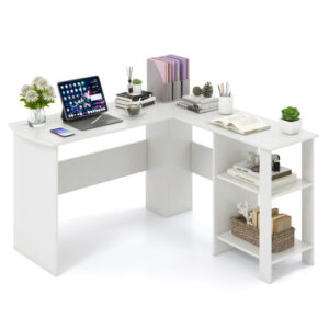 Large Modern L-shaped Computer Desk with 2 Cable Holes and 2 Storage Shelves-White - Color: White