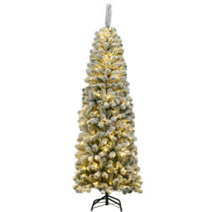 6 Feet Pre-lit Snow Flocked Artificial Pencil Christmas Tree with 250 LED Lights - Color: Green - Size: 6 ft