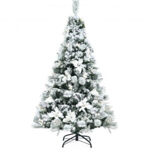 5 Feet Snow Flocked Hinged Christmas Tree with Berries and Poinsettia Flowers - Color: White - Size: 5 ft