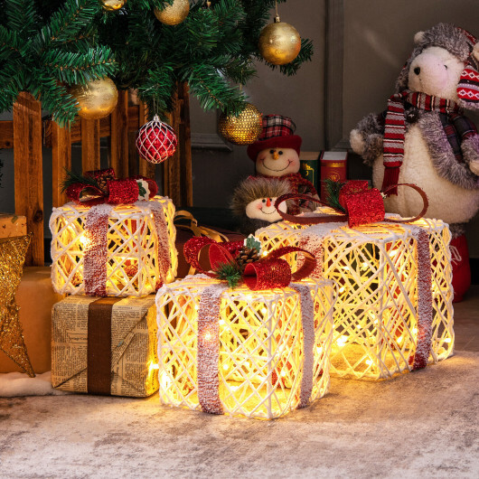 Set of 3 Christmas Lighted Gift Boxes Decorations with Red Bowknots - Color: Red & White - Image 2