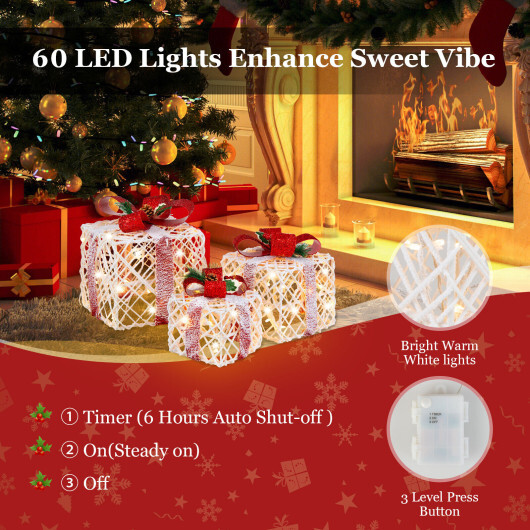 Set of 3 Christmas Lighted Gift Boxes Decorations with Red Bowknots - Color: Red & White - Image 3