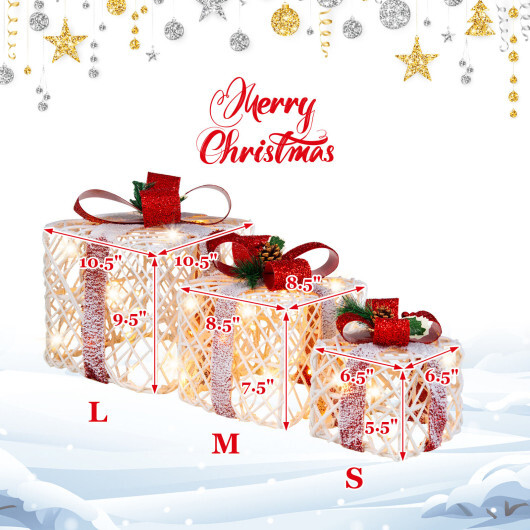 Set of 3 Christmas Lighted Gift Boxes Decorations with Red Bowknots - Color: Red & White - Image 4