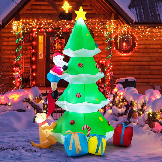 7 Feet Inflatable Christmas Tree with Santa Claus and Dog - Color: Green - Image 2