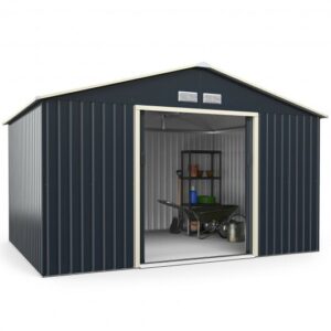 11 x 8 Feet Metal Storage Shed for Garden and Tools with 2 Lockable Sliding Doors-Gray - Color: Gray
