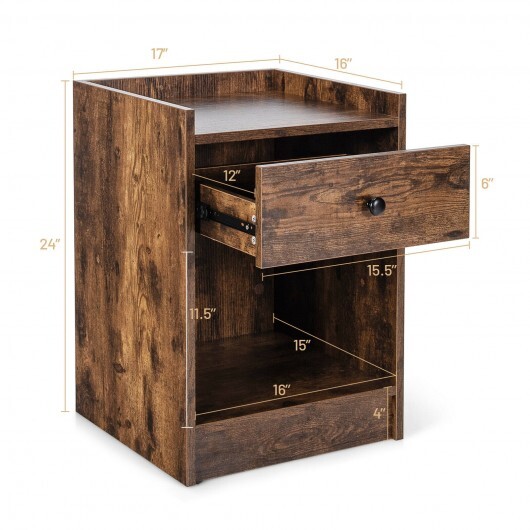 Set of 2 Nightstand with Drawer Cabinet End Side Table Raised Top-Brown - Color: Brown - Image 4