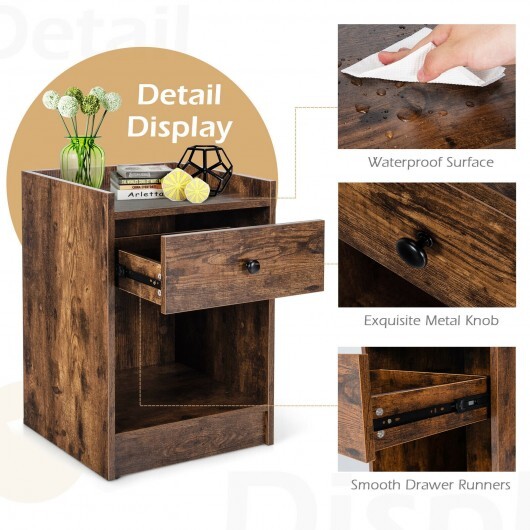 Set of 2 Nightstand with Drawer Cabinet End Side Table Raised Top-Brown - Color: Brown - Image 5
