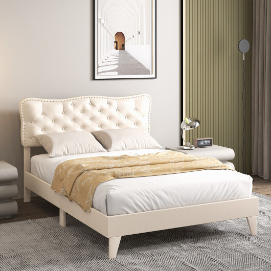 Full Size Bed Frame with Nail Headboard and Wooden Slats - Color: Beige - Size: Full Size - Image 2
