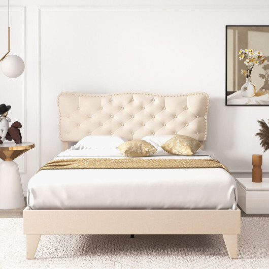 Full Size Bed Frame with Nail Headboard and Wooden Slats - Color: Beige - Size: Full Size - Image 3
