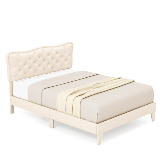 Full Size Bed Frame with Nail Headboard and Wooden Slats - Color: Beige - Size: Full Size - Image 4