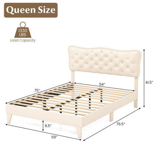Full Size Bed Frame with Nail Headboard and Wooden Slats - Color: Beige - Size: Full Size - Image 5
