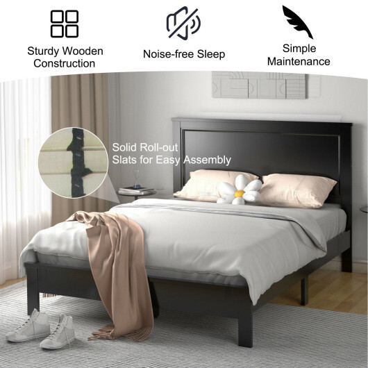 Queen Size Bed Frame Platform Slat High Headboard Bedroom with Rubber Wood Leg-Black - Color: Black - Size: Queen Size - Image 3