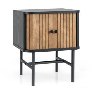 Mid-century Modern Nightstand with Sliding Doors and Storage Cabinet-Black - Color: Black