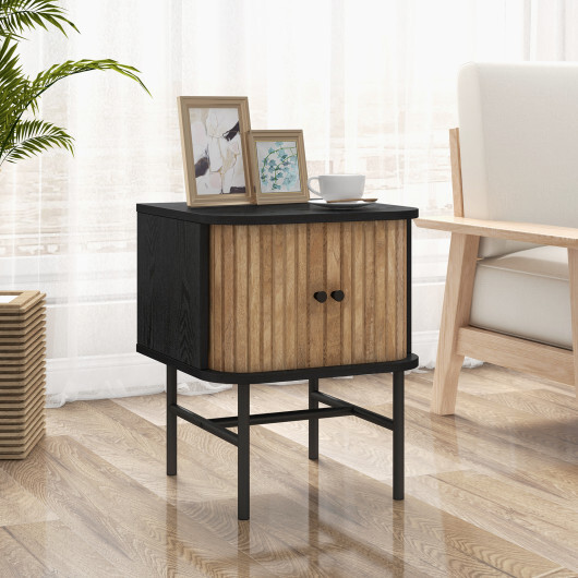 Mid-century Modern Nightstand with Sliding Doors and Storage Cabinet-Black - Color: Black - Image 2