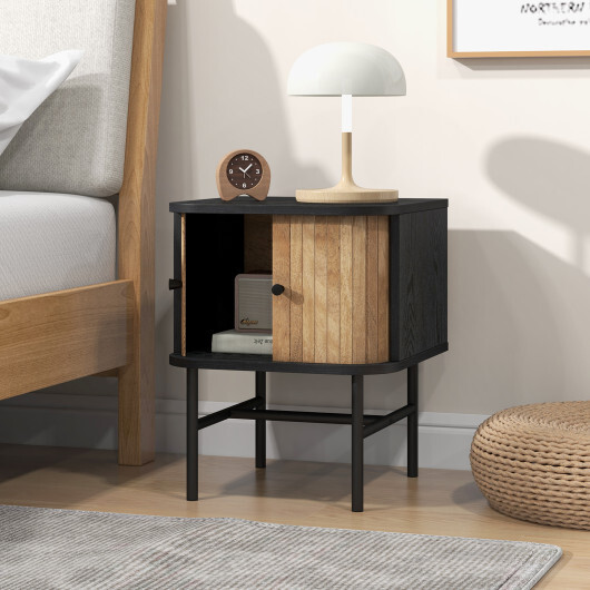 Mid-century Modern Nightstand with Sliding Doors and Storage Cabinet-Black - Color: Black - Image 3