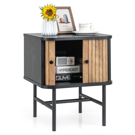 Mid-century Modern Nightstand with Sliding Doors and Storage Cabinet-Black - Color: Black - Image 4