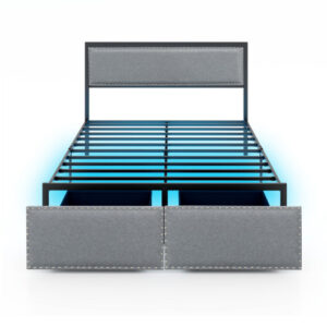 Full/Queen/Twin Size Bed Frame with LED Lights Drawer and Metal Slats-Full Size - Color: Gray - Size: Full Size