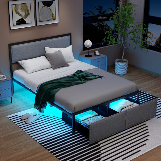 Full/Queen/Twin Size Bed Frame with LED Lights Drawer and Metal Slats-Full Size - Color: Gray - Size: Full Size - Image 2