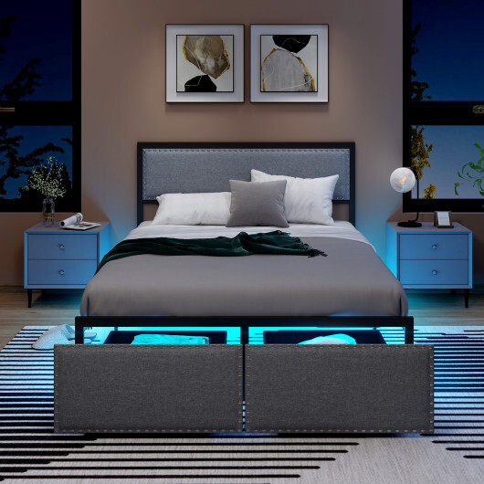 Full/Queen/Twin Size Bed Frame with LED Lights Drawer and Metal Slats-Full Size - Color: Gray - Size: Full Size - Image 3