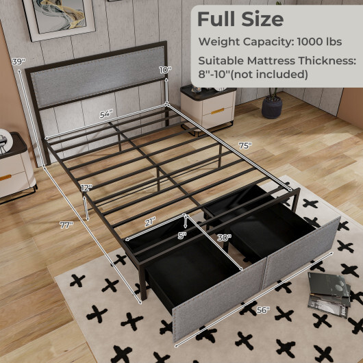 Full/Queen/Twin Size Bed Frame with LED Lights Drawer and Metal Slats-Full Size - Color: Gray - Size: Full Size - Image 4