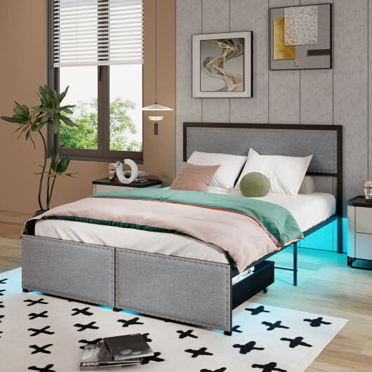 Full/Queen/Twin Size Bed Frame with LED Lights Drawer and Metal Slats-Full Size - Color: Gray - Size: Full Size - Image 5