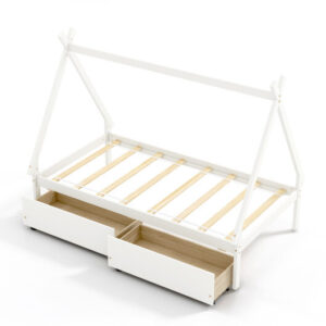 Twin Size Wooden Tent Platform House Bed with 2 Drawers-White - Color: White - Size: Twin Size