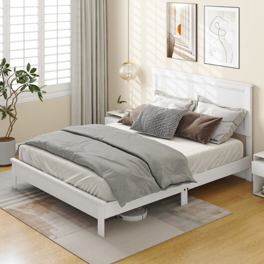 Queen Size Bed Frame Platform Slat High Headboard Bedroom with Rubber Wood Leg-White - Color: White - Size: Queen Size - Image 2