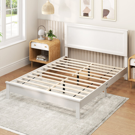 Queen Size Bed Frame Platform Slat High Headboard Bedroom with Rubber Wood Leg-White - Color: White - Size: Queen Size - Image 3