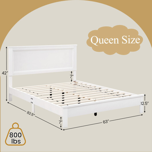 Queen Size Bed Frame Platform Slat High Headboard Bedroom with Rubber Wood Leg-White - Color: White - Size: Queen Size - Image 4