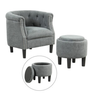 Modern Accent Chair with Ottoman Armchair Barrel Sofa Chair and Footrest-Grey - Color: Gray