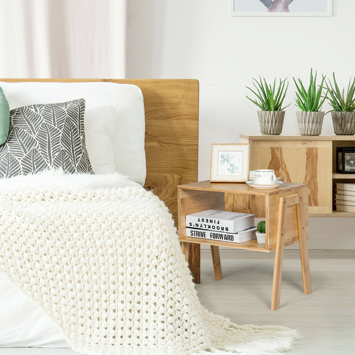 2 Pieces Bamboo Nightstand Sofa Table with Storage Shelf - Color: Natural - Image 4