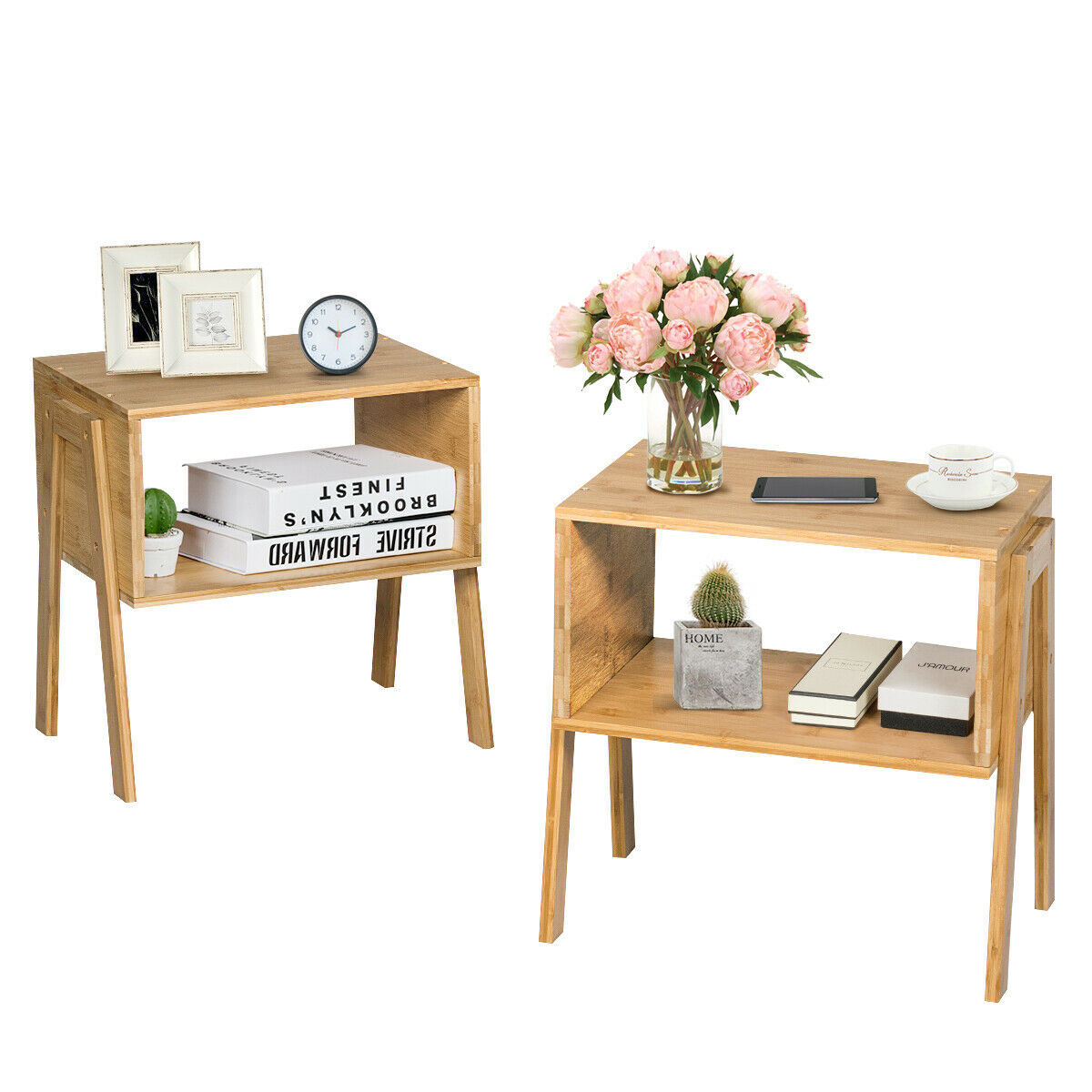 2 Pieces Bamboo Nightstand Sofa Table with Storage Shelf - Color: Natural - Image 5