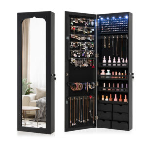 Lockable Wall Mounted Mirror Jewelry Armoire with 5 LEDs and 6 Drawers-Black - Color: Black