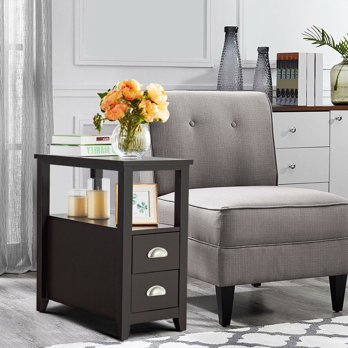 Set of 2 End Table Wooden with 2 Drawer & Shelf Bedside Table-Dark Brown - Color: Dark Brown - Image 2