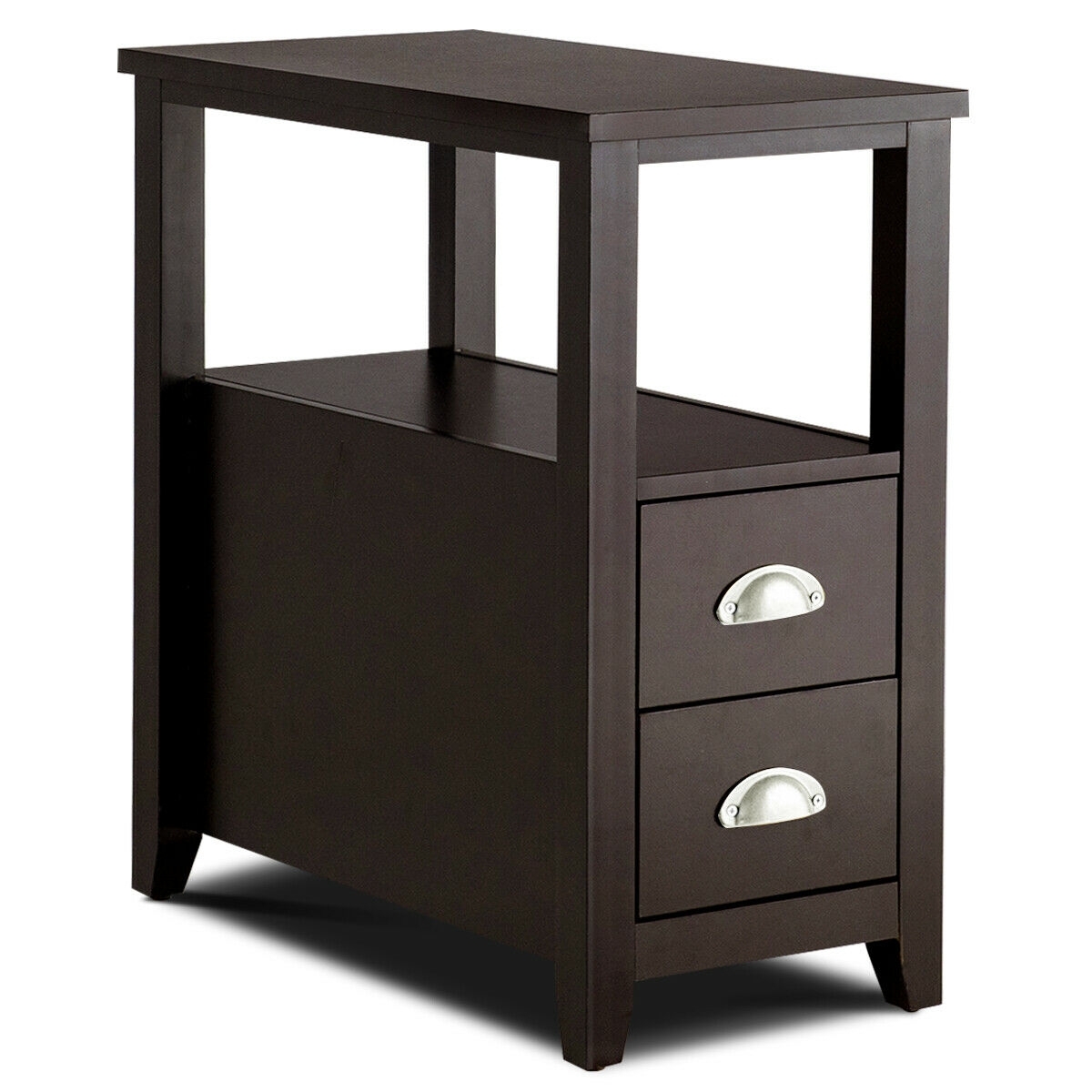 Set of 2 End Table Wooden with 2 Drawer & Shelf Bedside Table-Dark Brown - Color: Dark Brown - Image 3
