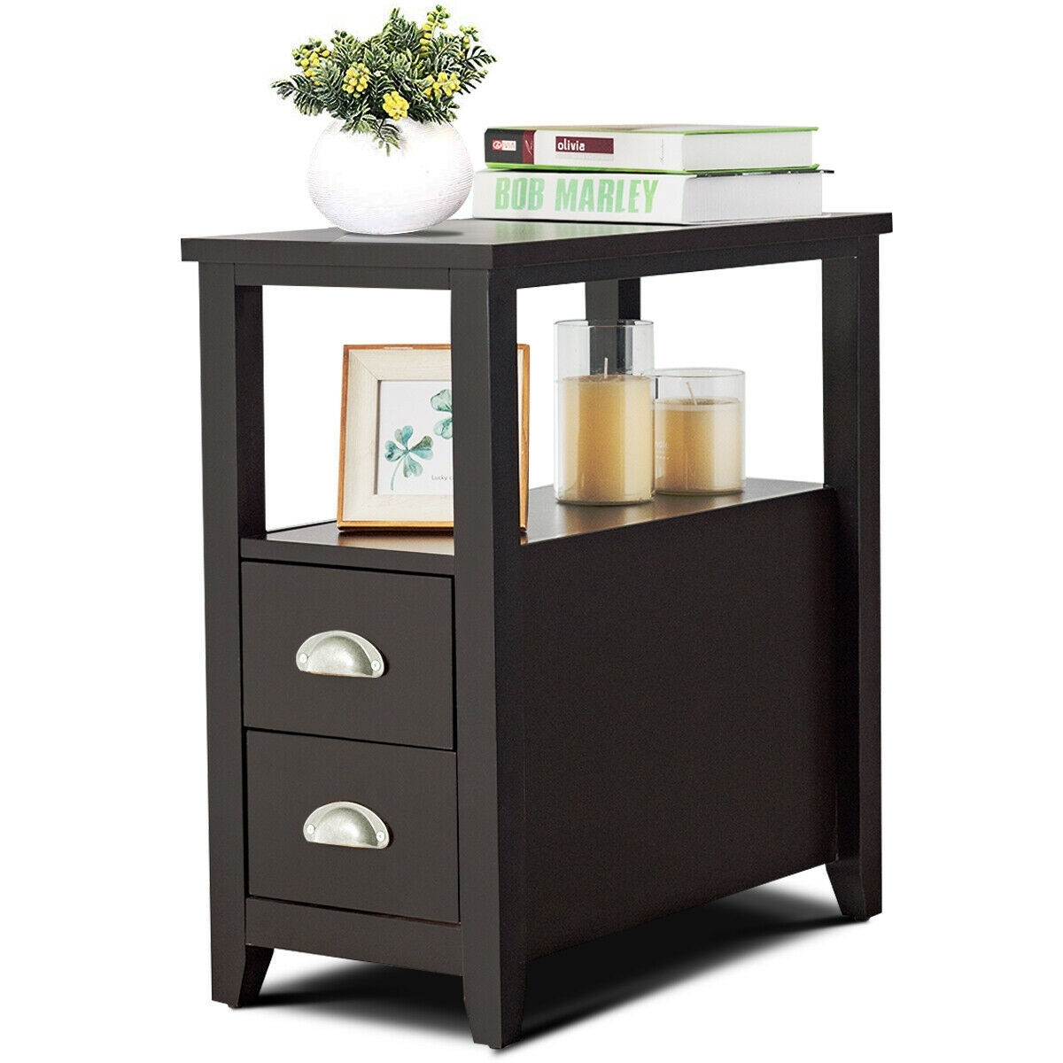 Set of 2 End Table Wooden with 2 Drawer & Shelf Bedside Table-Dark Brown - Color: Dark Brown - Image 4