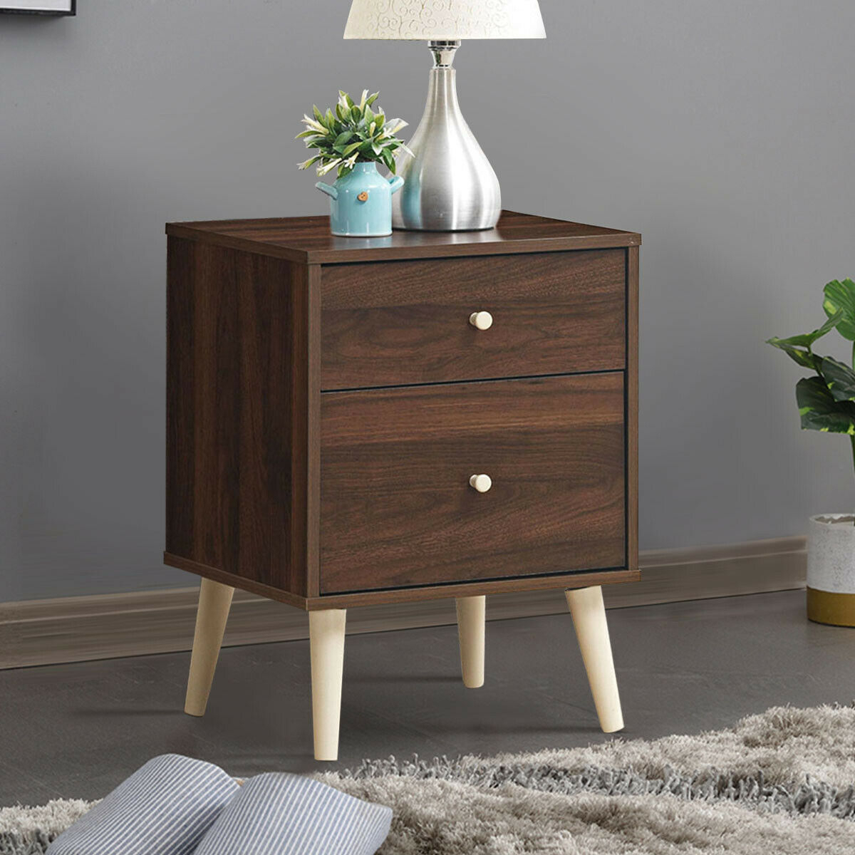 2-Drawer Nightstand Beside End Side Table with Rubber Legs-Brown - Color: Brown - Image 2