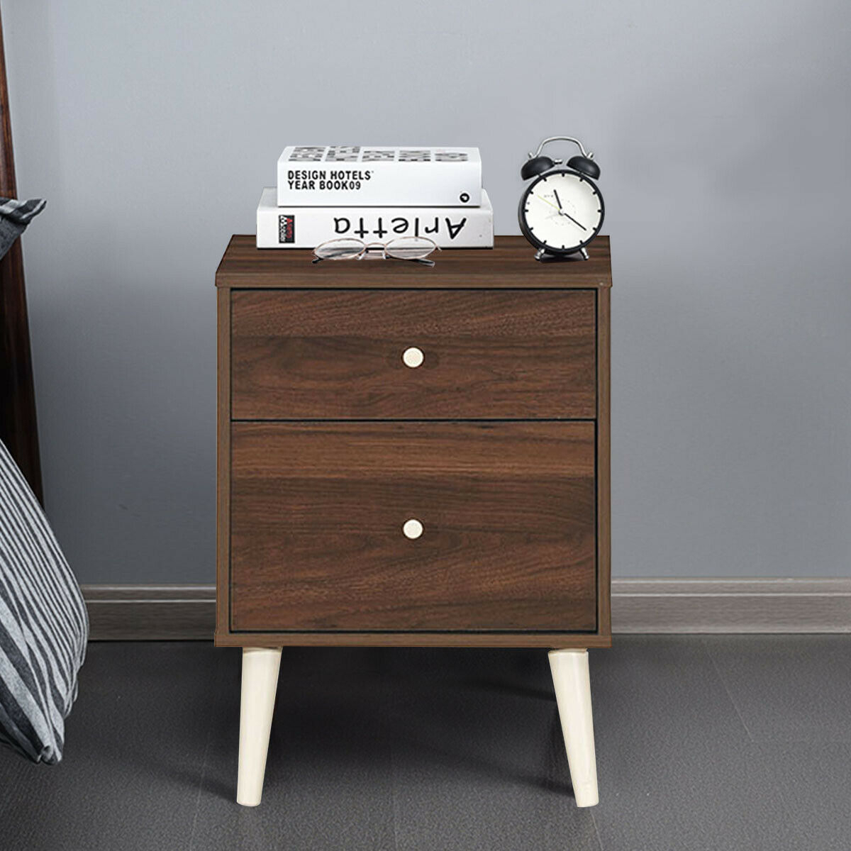2-Drawer Nightstand Beside End Side Table with Rubber Legs-Brown - Color: Brown - Image 3