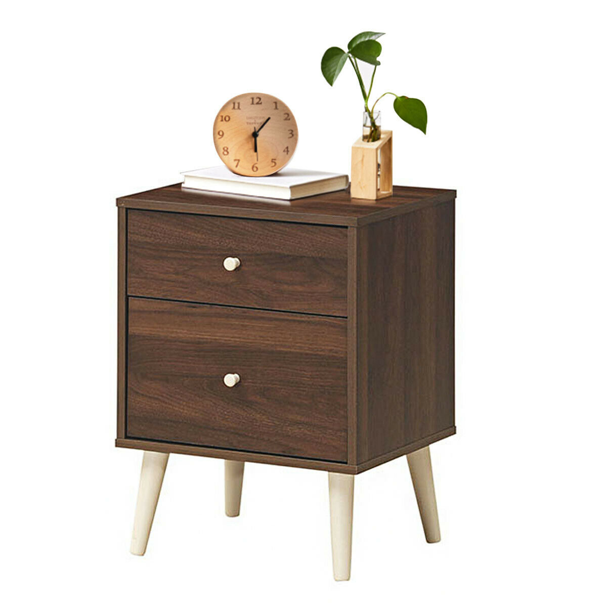 2-Drawer Nightstand Beside End Side Table with Rubber Legs-Brown - Color: Brown - Image 6