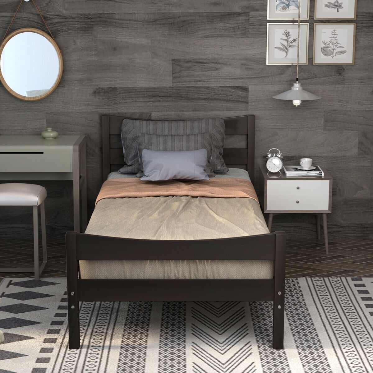 Twin Size Rustic Style Platform Bed Frame with Headboard and Footboard-Dark Brown - Color: Dark Brown - Image 4