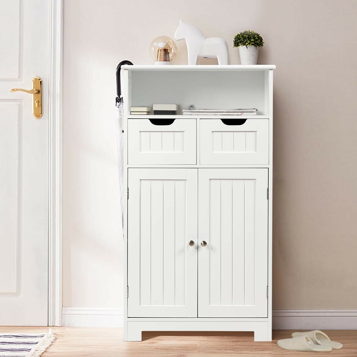 Bathroom Wooden Side Cabinet with 2 Drawers and 2 Doors-White - Color: White - Image 2