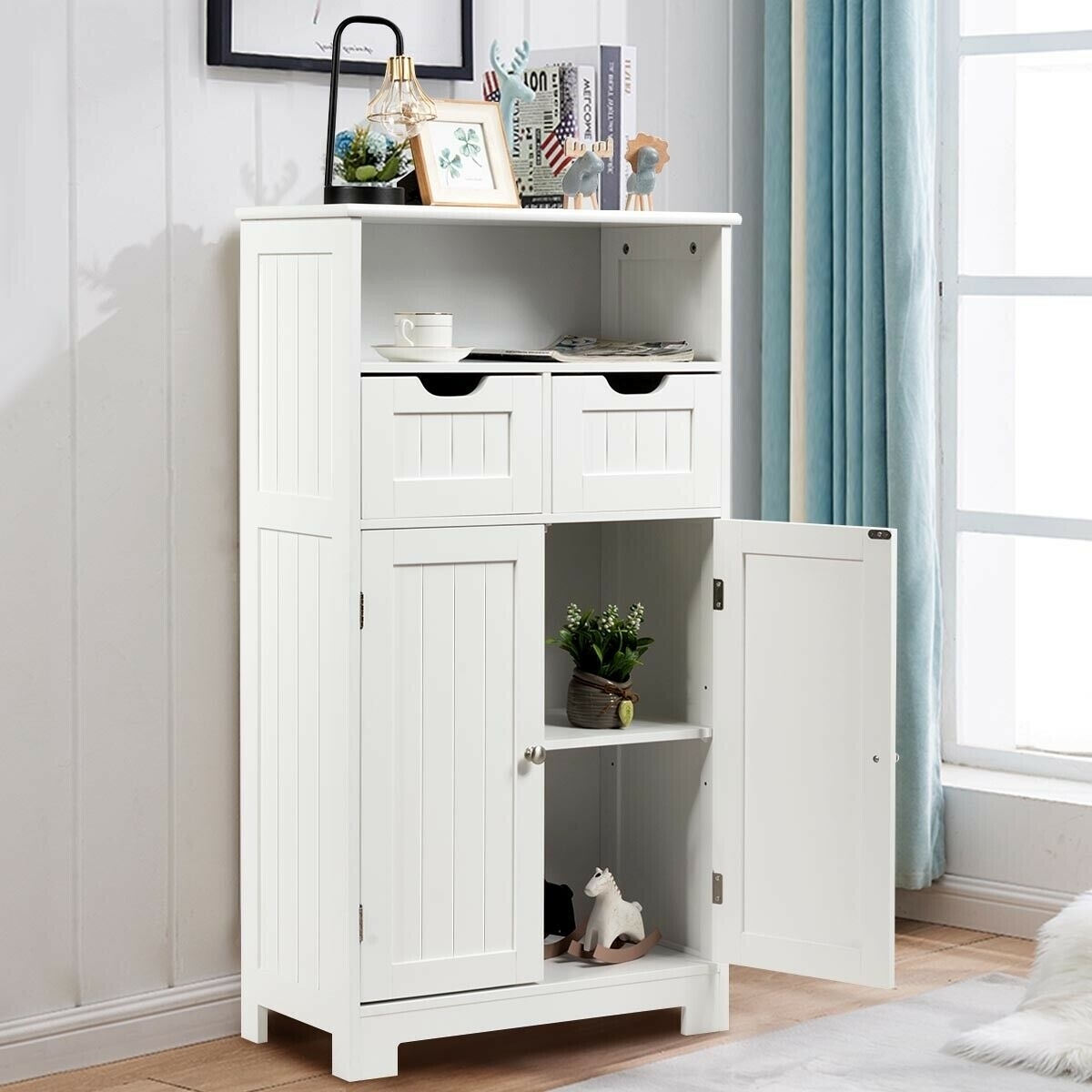 Bathroom Wooden Side Cabinet with 2 Drawers and 2 Doors-White - Color: White - Image 3